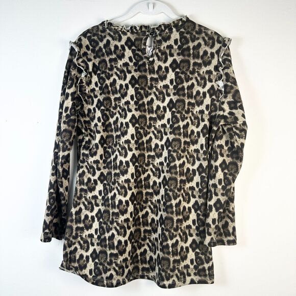 HAYDEN Top Women L Brown Leopard Animal Print 3/4 Slv Ruffle Neck Blouse NWOT - Picture 8 of 9